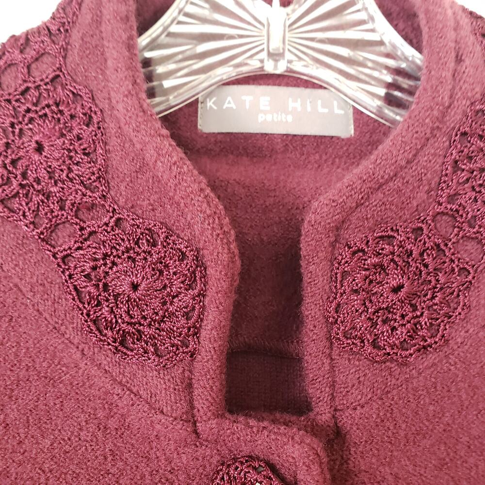 Kate Hill Wool Sweater Jacket Crocheted Details & Buttons Magenta Size Large P - Picture 7 of 9